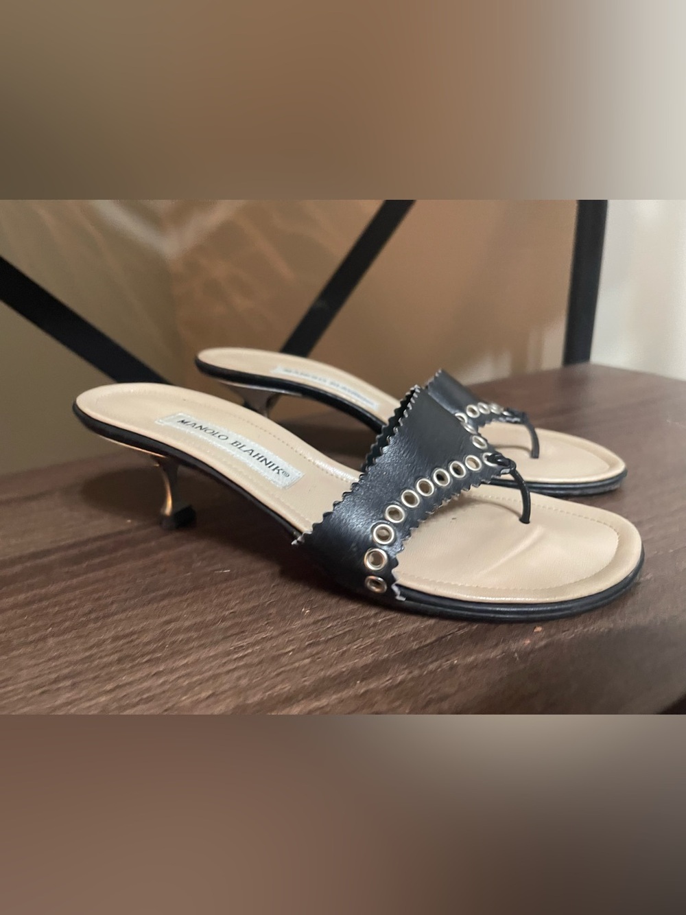 Manolo Blahnik Black Leather Grommet Kitten Heel Mules